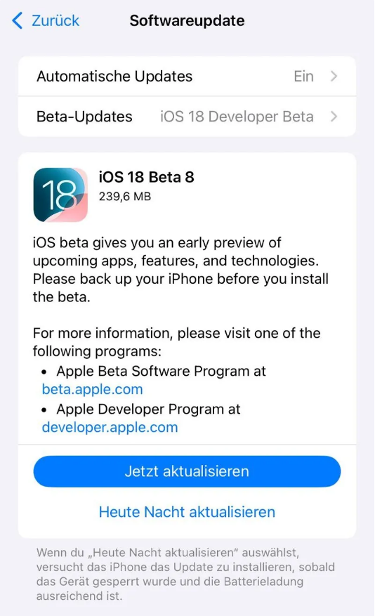 畅好乡苹果手机维修分享苹果 iOS / iPadOS 18 开发者预览版 Beta 8 发布 